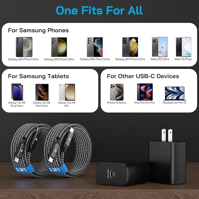 45W Super Fast Charger USB C, 45 Watt Type-C Android Phone Charger Fast Charging Block with 3.3FT Type C Cords for Samsung Galaxy S25 Ultra/S24 Ultra/S24+/S23 Ultra/S23+/S22 Plus/S20, Tab S9/S8 Ultra