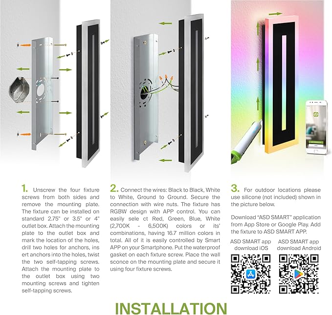 ASD LED 18" Long Wall Mount Light Fixture, Outdoor & Indoor Linear Sconce | RGBW, Smart, Waterproof, Anti-Rust, ETL Listed | 20W 950LM 2700-6500K 100-277V | Exterior Porch Lighting | Black, 2 Pack