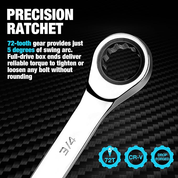 DURATECH 3/4" Ratcheting Combination Wrench, SAE, 72-Tooth, 12-Point, CR-V Constructed with Mirror Polish
