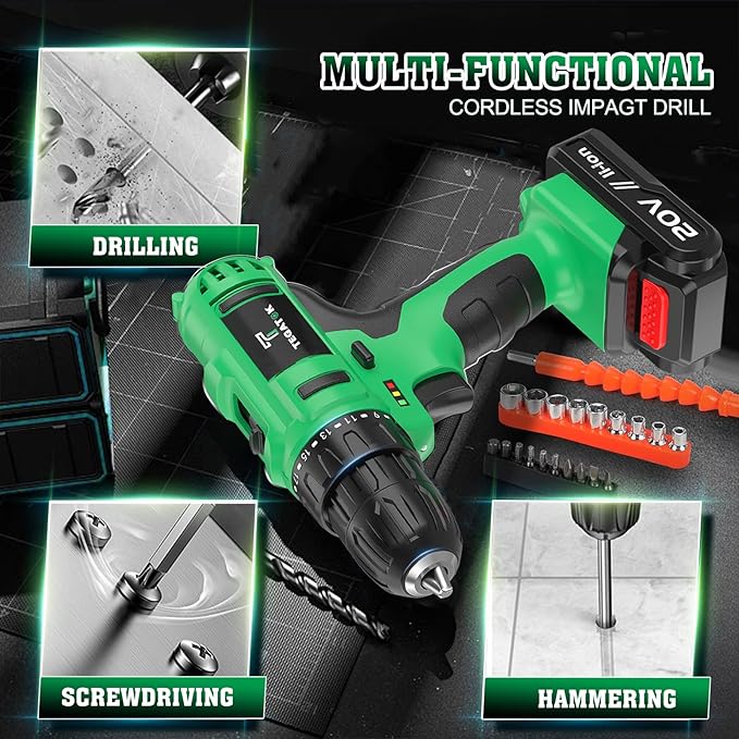 Cordless Drill Set, 3/8 Drill Handheld Screwdriver Kit with 18+1 Torque Setting, 20V Electric Drills Tools Bit, LED Electric Power Drills with Battery and Charger, 1 Battery