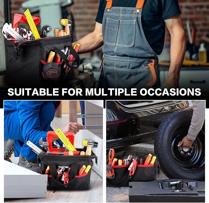 HAUTMEC 12 Inch Tool Bag, 1680D Oxford Fabric Wide Mouth Tool Organizer with Double Zipper, Compact Utility Tote with Non-Slip Base & Multiple Pockets, Small Tool Storage – HT0286