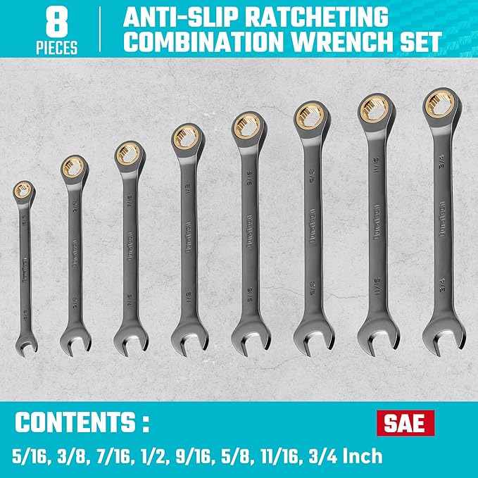 DURATECH Anti-Slip Ratcheting Wrench Set, Combination Wrench Set, 8-piece, SAE 5/16" to 3/4", 72-Tooth, Nickel Plating, CR-V Steel, with Pouch