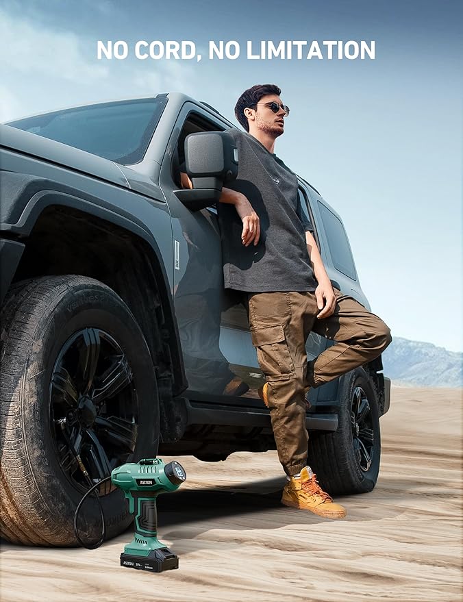 AstroAI C2 Cordless Tire Inflator Air Compressor 20V Rechargeable Battery Powered 160PSI Portable Air Pump with 12V Car Power Adapter Digital Pressure Gauge for Cars Motorcycles JY16P160-18 Green