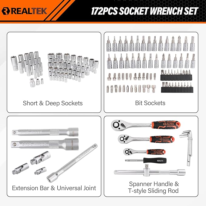 1/4" Socket Ratchet Wrench Screwdriver Set, 172PCS CR-V Metric Wrench Set with Extension Bar, Quick-Release Ratchet Wrench with Bit Socket Set for Auto Repairing, Household with Durable Tool Case