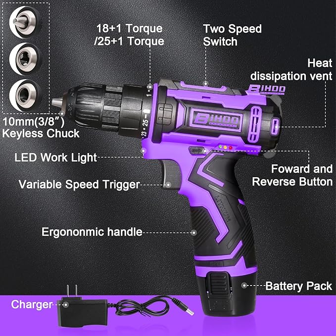 Purple 12v Cordless Drill With Battery And Charger, Electric Screwdriver Kit, 25+1 Torque, Stud Finder Ready,Front LED Light