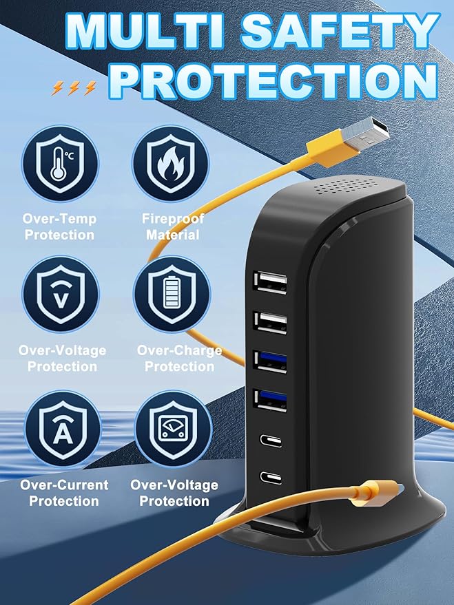 USB Charger, Charging Station for Multiple Devices 45W, Fast Charging Blocks with Dual Type C Ports, 4 USB Charging Hub Organizer Multiport for iPhone, Ipad, Smartphones, Travel Accessories
