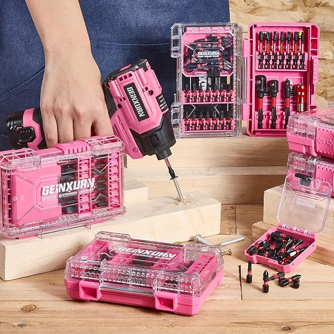 55Pieces Impact Screwdriver Bits Set, Magnetic S2 Steel Phillips/Slotted/Square/Torx Insert Power Bits Tips, Impact Bit Holder and Impact Socket Adapter with Pink Storage Box Case