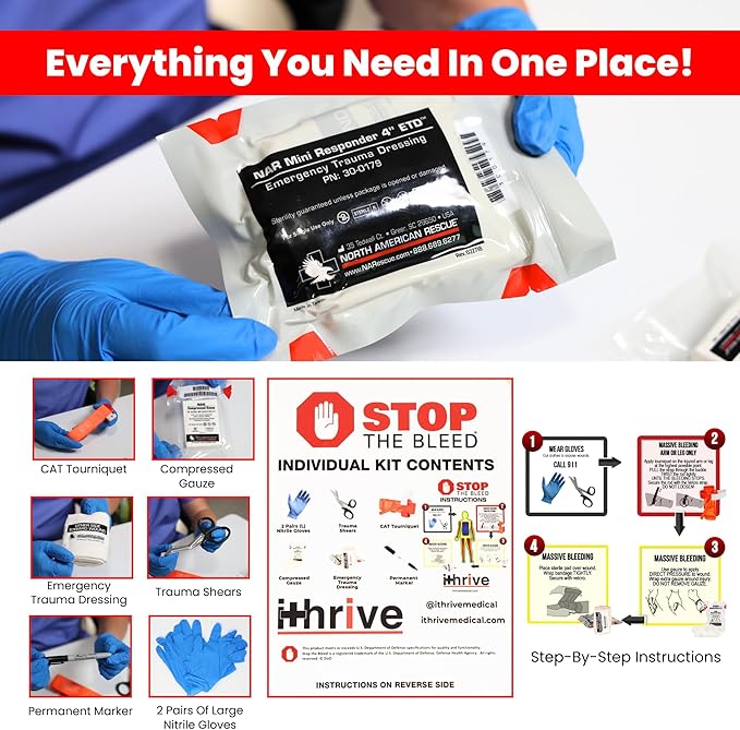 iThrive Medical - Stop The Bleed Trauma Kit - Bleeding Control Kit with CAT Tourniquet & Trauma Shears - Emergency First Aid Kit - Complete Individual First Aid Set (7 Pieces)