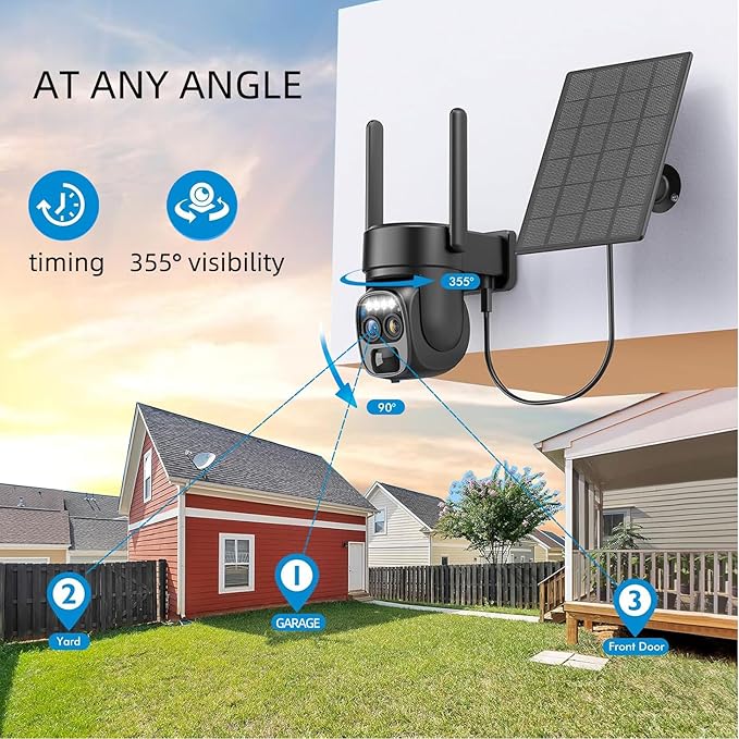 Hawkray Pannel Solar Wireless Outdoor Security Camera, Dual-Lens, 10xZoom, 2K Resolution 3MP 360°Pan/Tilt,2.4&5G WiFi Battery Powered Camera with Spotlight Alarm PIR Motion Detection