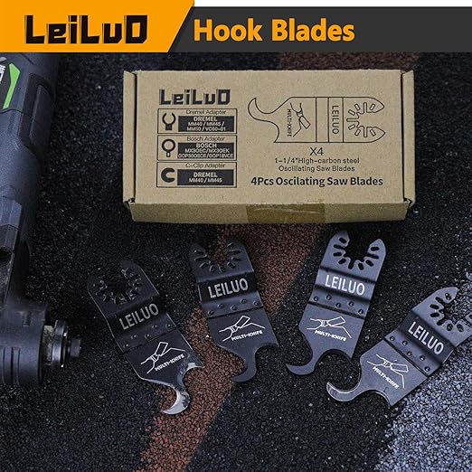 LEILUO 4 Pcs Oscillating Multi tool Hook Knife Blade for Carpet Roof Shingles Soft Materials Universal Oscillating Tool Accessory with Storage Bag Compatible with DeWalt Dremel Milwaukee and More