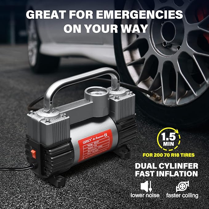 GSPSCN Tire Inflator Heavy Duty Double Cylinders, Portable Metal DC 12V Air Compressor - Car Accessories, 150PSI Tire Pump with Adapter for Car, Truck, SUV Tires, Dinghy, Air Bed etc (Titanium)