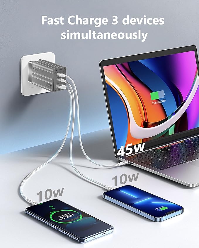 USB C Fast Charging Block,67W GaN Fast Charger 3-Port,Acoucou Adapter Type C Wall Chargers for iPhone 16,15,14,13,12, iPad, MacBook, Galaxy S25, S24, S23, Tablet
