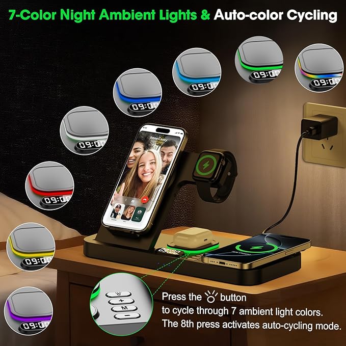 Dual Phone Wireless Charging Station for Apple Devices, Magnetic Charging Station for iPhone with Auto Switch 7-Color Light&Clock, Family Watch Charger for iPhone17 for iWatch10 for AirPods Pro3(Black