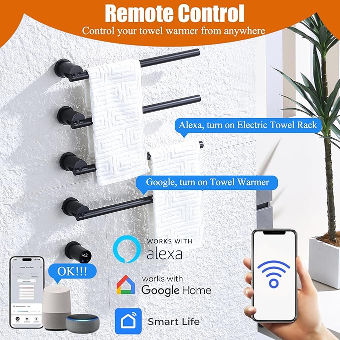 Electric Towel Warmer Concealed Smart, 75W Swivel Heated Towel Rack for Bathroom, Built-in Modular Electric Towel Rack with Timer, Thermostat, LED Display, APP, 4 Bar 180° Rotation, Hardwired, Black