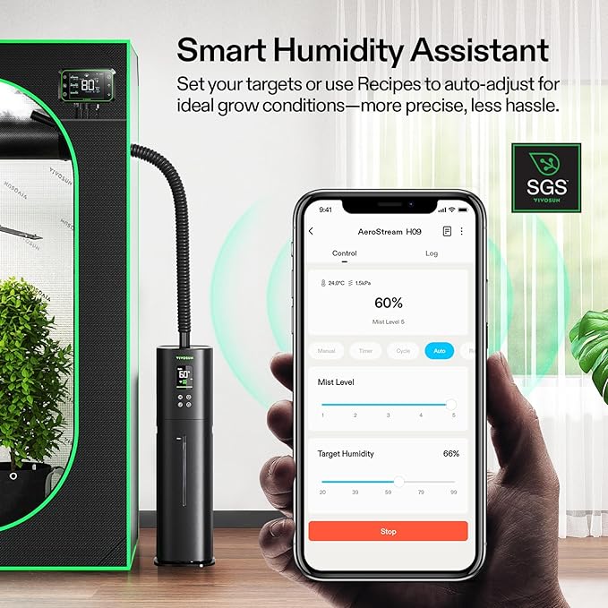 VIVOSUN AeroStream H09 Intelligent Wi-Fi Humidifier, 2.38 Gal / 9 L Humidifier with Temp & Humidity Probe, Smart Remote Control, Designed for Growers