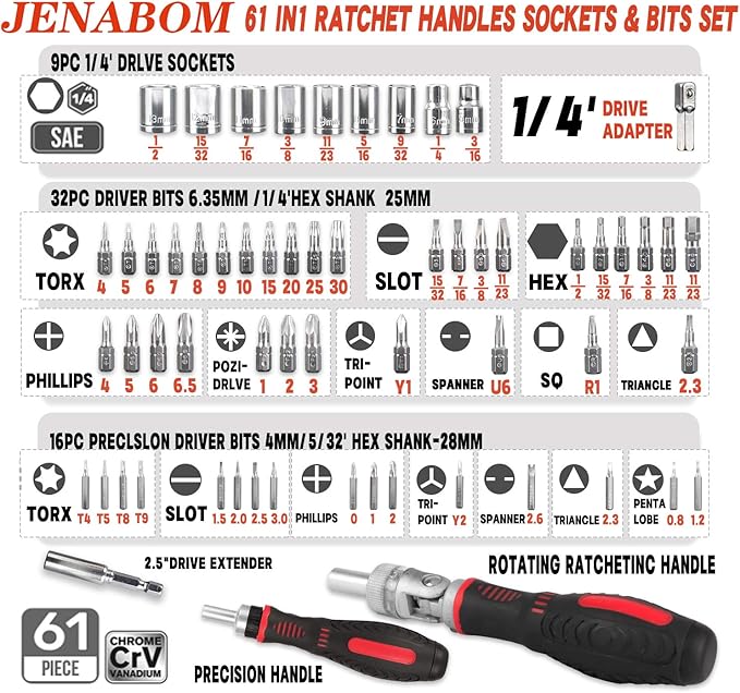 61 in 1 Magnetic Screwdriver Set, DIY Ratchet Screwdriver Set, Multi Bit Magnetic Drive Set with Detachable Ratchet Handle, Portable Compact Repair Tool Kit