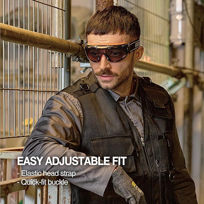 DEX FIT Protective Safety Goggles SG220; Anti Fog & Scratch, Z87 Eye Protection for Work, Adjustable for Women and Men, (Black & Orange Frame, Tinted Lens, 19cm Strap)