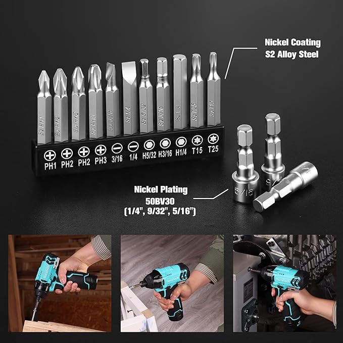 DURATECH 12V Cordless Impact Driver, 1/4” Electric Impact Driver with 11pcs Screwdriver Bits, 3pcs Nut-driver Bits, Variable Speed(0-2400RPM), LED Light, Tool Bag, Battery and Charger Included