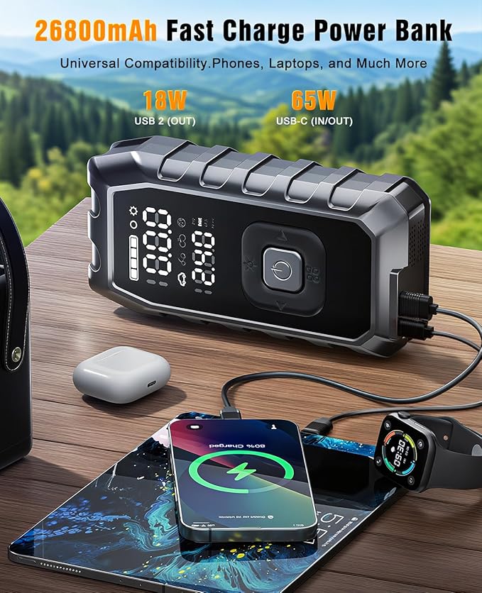 Portable Jump Pack with Air Compressor,65W Fast Charge 180PSI Cordless Electric Tire Inflator with Digital Pressure Gauge,Jump Starter Auto-Off for Car Bicycle Inflatable,Battery Booster with Light