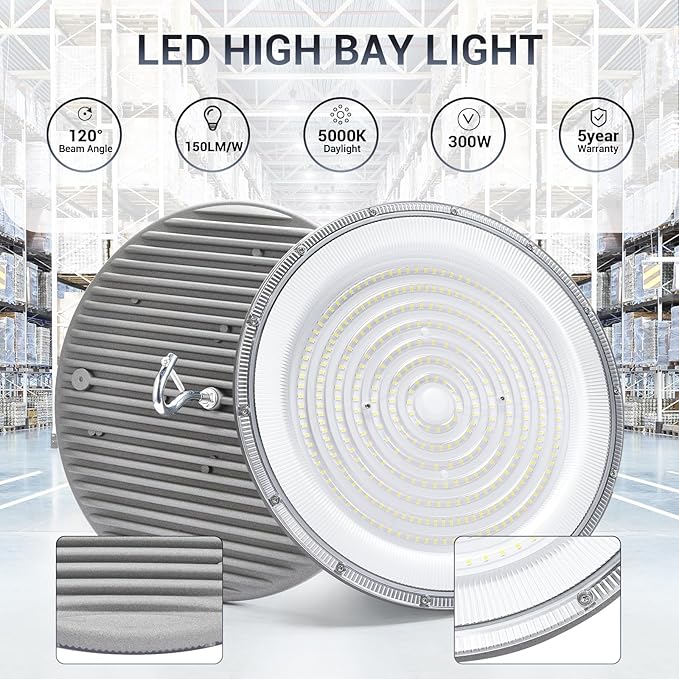 10 Pack 300W UFO Led High Bay Light,120VAC,5000K Daylight Commercial Bay Lighting,IP66 Waterproof,45050LM,1300W MH/HPS with Plug Area Light for Warehouse/Shop/Workshop/Barn/Gym/Factory