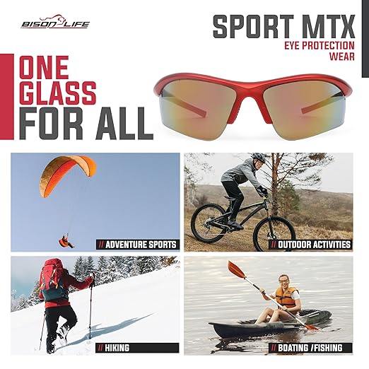 BISON LIFE Sport MTX Red Mirror Lens Safety Glasses, ANSI Z87+, Impact Resistant, Anti-Scratch UV Protection Lens for Shooting, Yard Work, Cycling, and Outdoor Activities (1 Pack)