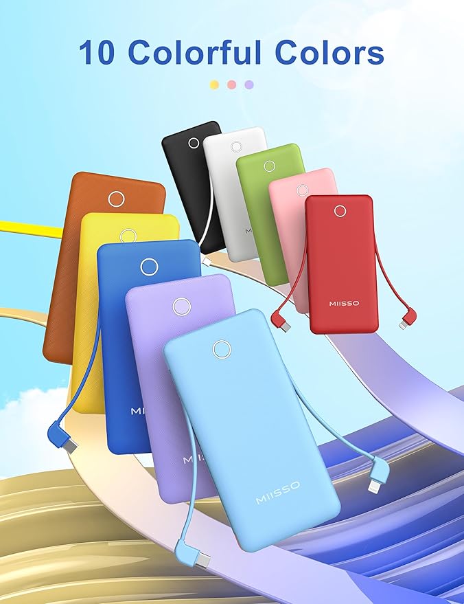 miisso 10000mAh Slim Portable Charger with Built in Cable, Power Bank Travel Charger External Battery Pack for Phone, 4 Output USB Type C Cord Clutch Charger Compatible with iPhone, Deep Blue