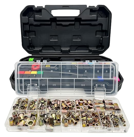 Metric and SAE Rivet nut Combination Kits of ZIOJOVK 15 Size (256 Pieces) m3 m4 m5 m6 m8 m10 m12#6-32#8-32#10-32#10-24 1/4"-20 5/16"-18 3/8"-16 1/2"-13UNC Flat Head Galvanized nut kit