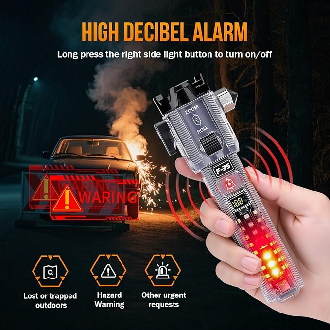 Car Emergency Flashlights Rechargeable 2Packs, 990,000L High Lumens Car Flashlight Emergency Kit, 7 Modes Tactical LED Flash Light with Window Breaker, Belt Cutter, Alarm Buzzer, Magnet, USB C for Car