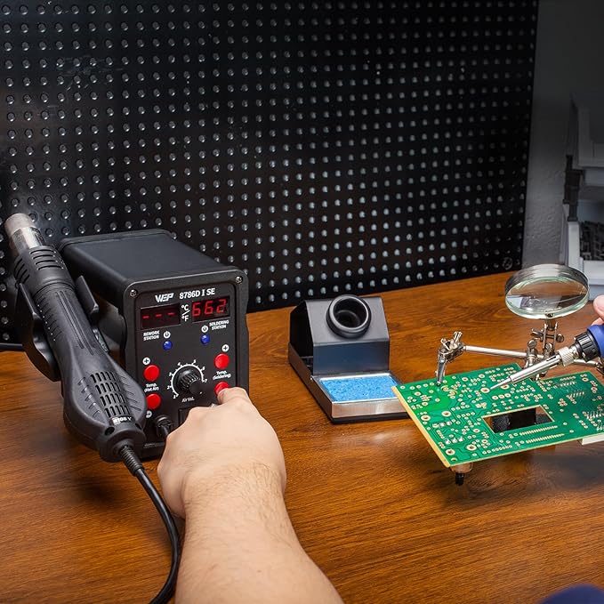 WEP 8786D-I SE Hot Air Soldering Iron Station Kit 2-IN-1 for Rework, Desoldering with Lead-Free Solder Wire, 5 Soldering Tips, 3 Hot Air Nozzles,Tweezers, Desoldering Pump