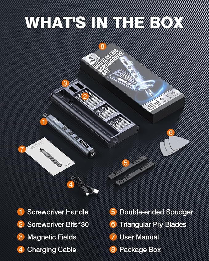 JOREST Mini Electric Screwdriver, Precision Set with 38-in-1 Magnetic Bits, 5 Torque Settings, LED Light, Repair Tool Kit for iPhones, Laptop, Drone, Game Console, Camera, Glasses, Watches, Toys