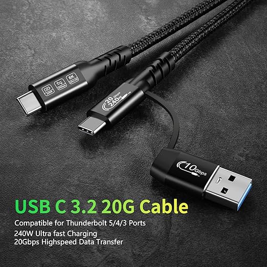 CABLEDECONN USB2.0 A to USB C 3.2 Type C 20Gbps Male to Male Detachable 1m 3.3ft Cable Data Extension 10Gbps 240W Fast Charge 8K Ultra HD Video Data Connection Power Line