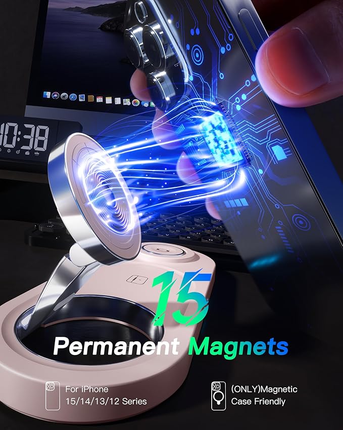 Upgraded 3 in 1 Wireless Charging Station for Apple Devices, Faster Mag-Safe Charger Stand, Magnetic Charger Station for iPhone 17/16/15/14/13/12 Series & AirPods Pro & Apple Watch Series (Pink)