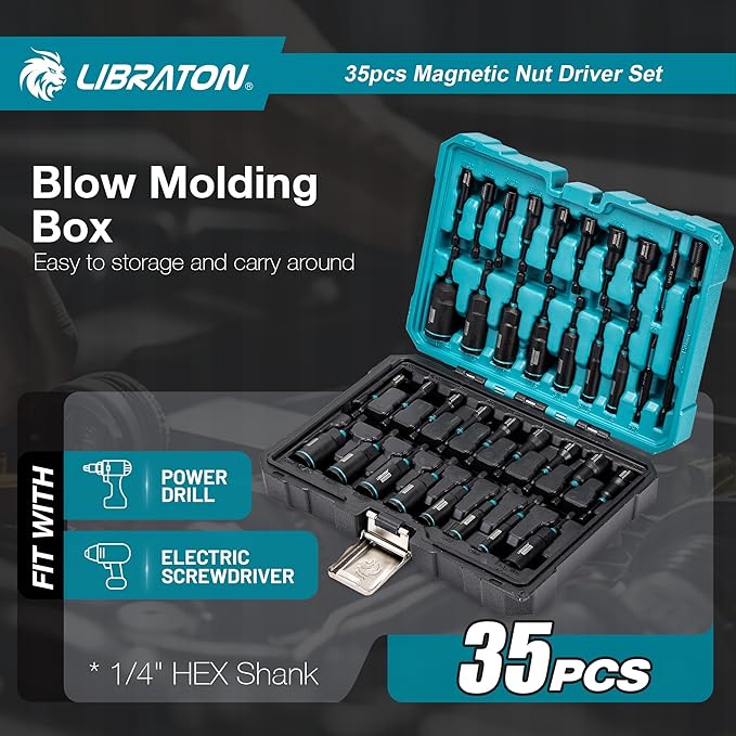 LIBRATON Magnetic Nut Driver Set, 35PCs Impact Driver Bit Set, Deep Nut Driver Set, Metric & SAE Nut Driver for Impact Drill, Wing Nut Driver, Quick-release Bit Holder, Drill Bit PH1 PH2, with Toolbox