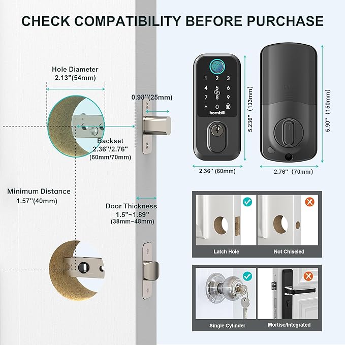 Keyless Entry Wi-Fi Smart Lock: Hornbill Fingerprint Lock for Exterior Doors, Biometric Smart Deadbolt Locks for Front Door, Keypad Deadbolt with Auto-Lock for Rentals Home, Matte Black