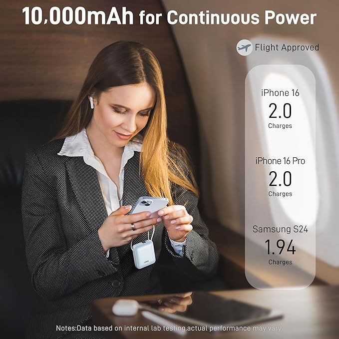 VINKO Portable Charger with Built-in Cable, 10000mAh 22.5W Fast Charging USB C Battery Bank, Cell Phone Power Bank for iPhone 16 15 14 Samsung Galaxy S24 S23 Series Android Tablet (Blue)