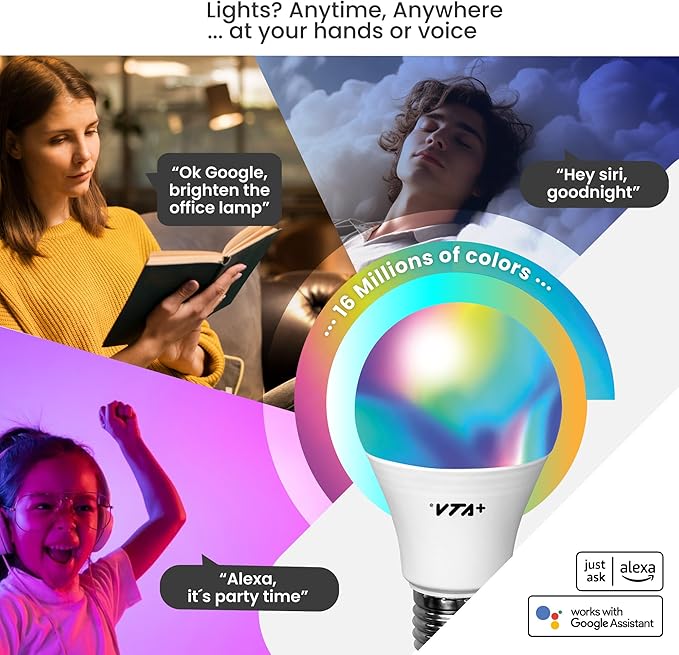 VTA+ Smart Light LED Bulb Kit x2 E27 RGB - WiFi 2.4Ghz only, Alexa and Google Home Compatible, Adjustable Colors & Temperature, Easy Installation and Setup, 9W, 800 Lumens