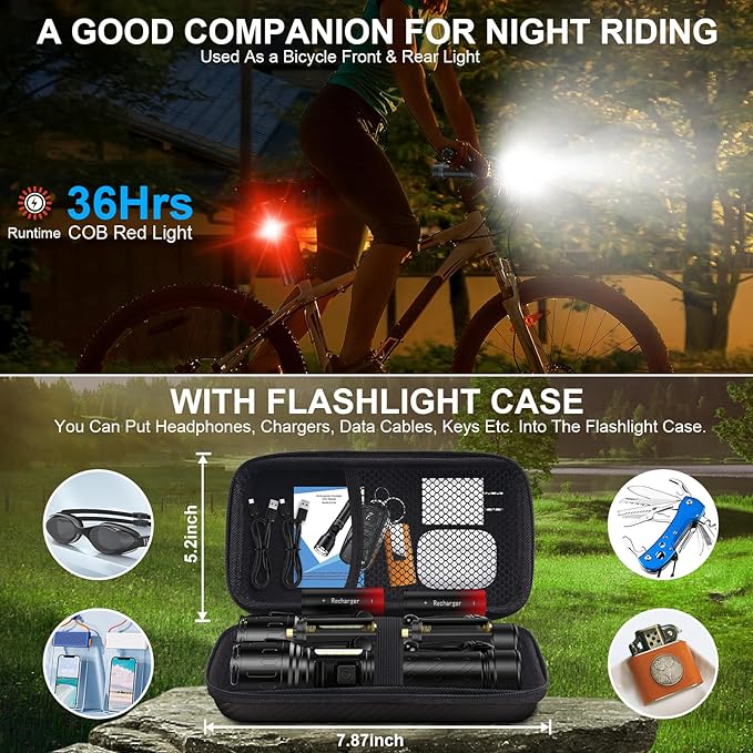 Rechargeable Magnetic Flashlights High Lumens, Super Bright LED Powerful Flashlight 8 Modes with COB Work Light, Waterproof Handheld Flash Light for Camping (2 Pc with Leather Box, Black)