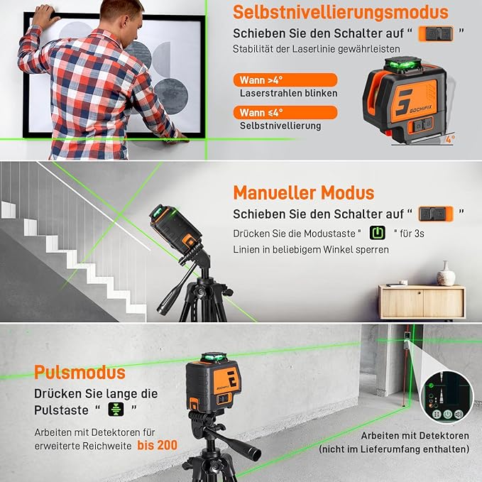 360° Laser Level with Tripod 5 Lines Laser Level 2 Plumb Dots Self Leveling Green Line Laser Level Tool for Construction, Floor Tile Included Target Plate, Battery, Carry Bag, Black + Orange