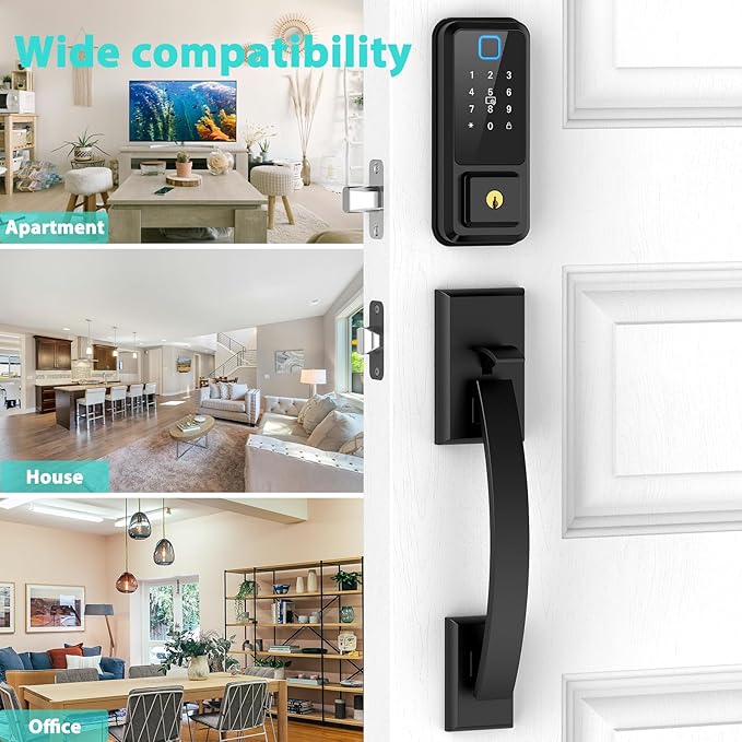 WiFi Front Door Lock with Handle Set, App Control, Smart Locks for Front Door Touchscreen keypad, Keyless Entry Door Lock Fingerprint Deadbolt, Auto Lock (Black)