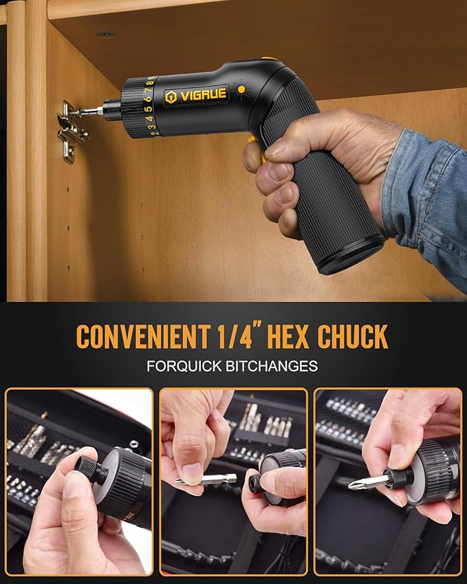 VIGRUE Cordless Screwdriver Set, 8V Max 10Nm Rechargeable Electric Screwdriver with 47 Accessories, 320RPM/10+1 Torque Setting power screwdriver kit, 2 Position Handle with LED Light