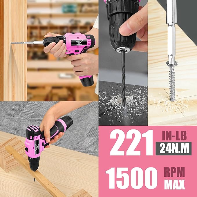 Pink Tool Set - 12V Cordless Drill Kit, 151 Piece Box With Hand Drill, Home Tool Kits for Men & Women, Perfect for Homeowner, Diyer, Handyman