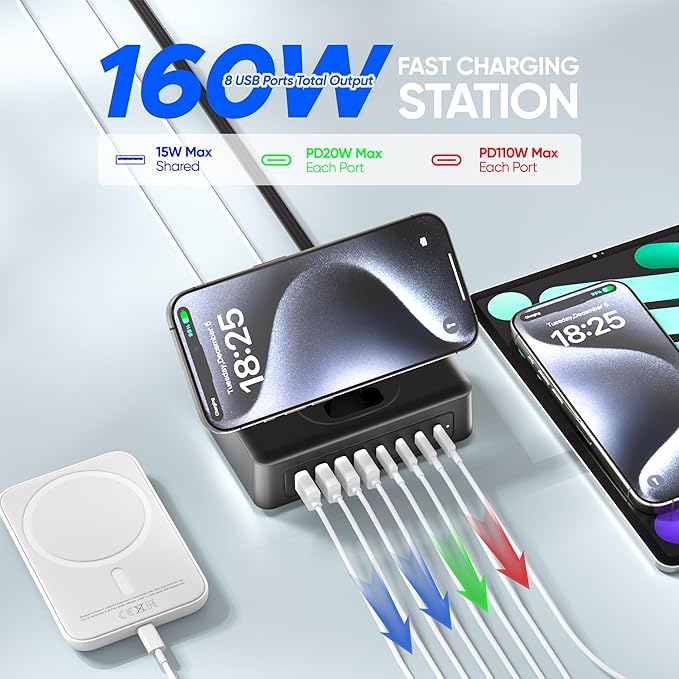 160W USB Charging Station Power Strip, 11-in-1 USB C Charger Block, 2AC Outlets with 8USB Ports(4USB-C), 5FT Flat Plug Extension Cord, Fast Charging Desktop Charger for Home Office Dorm Room, Black