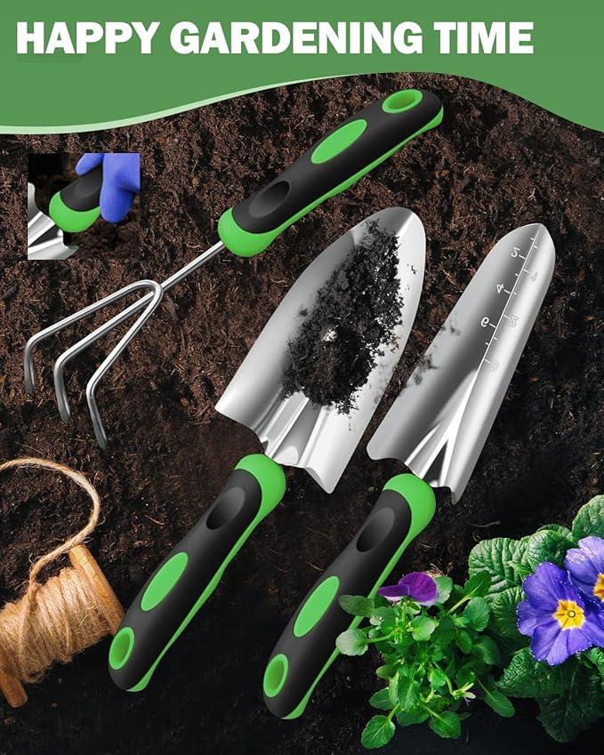 Garden Tools Set, 3 in 1 Heavy Duty Garden Tools Kit, Stainless Steel Ergonomic Gardening Hand Tool, Gardening Supplies Gift for Women, Kid, Organizer, Father's Day