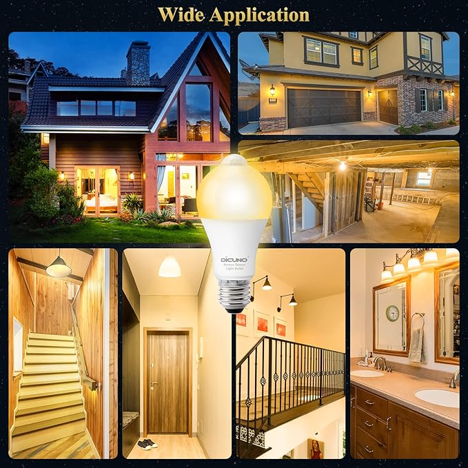 DiCUNO PIR Motion Sensor Light Bulbs, 12W (100W Equivalent) E26 LED Body Motion Sensor Infrared Bulb Auto on/Off, Outdoor/Indoor Light for Front Porch Garage, 1100LM 2700K Warm White, 2 Pack