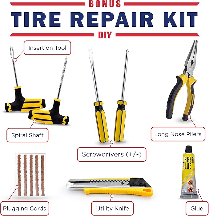 Tire Inflator Portable Air Compressor with Tire Repair Kit – 12V DC Air Pump for Car Tires, 150 PSI Electric Air Pump with Tyre Pressure Gauge, Emergency Kit, and Car Accessories Air Pump