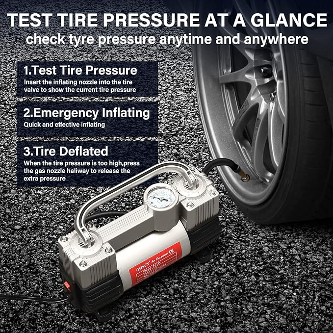GSPSCN Silver Tire Inflator Heavy Duty Double Cylinders with Portable Bag- Car Accessories,Metal 12V Air Compressor Pump 150PSI with Adapter for Car, Truck, SUV Tires, Dinghy, Air Bed etc