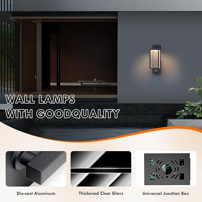 Motion Sensor Outdoor Wall Light, Modern Black Waterproof LED Exterior Sconce - Security Lighting Fixture for Porch Garage Garden Walkway Backyard