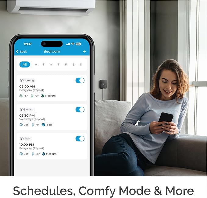 Breez Eco | Smart AC Controller for Mini Split, Window, Portable ACS | WiFi, Alexa, Google, Siri Shortcuts, SmartThings, IFTTT, Free App, NO Subscriptions | Schedules, Geofencing, Comfy (Black)