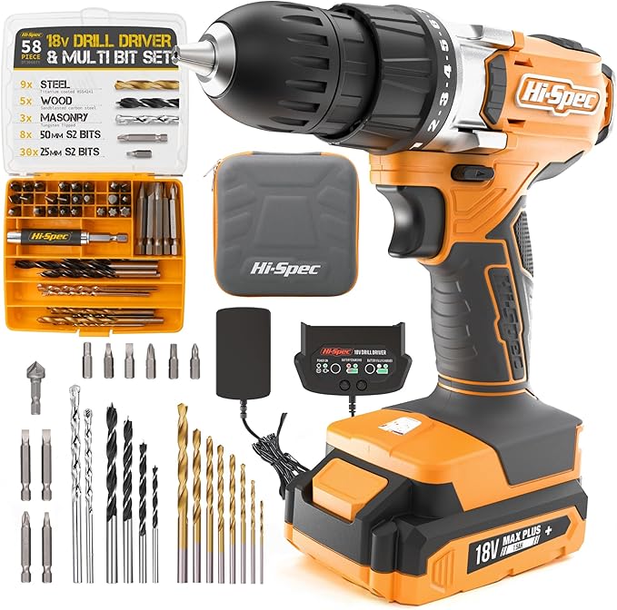 Hi-Spec 58pc 18V Electric Cordless Power Drill Driver. Includes Rechargeable Battery, Power Screwdriver Bits, Wood, Metal, and Masonry Drill Bit Set Accessories. In a Compact Case