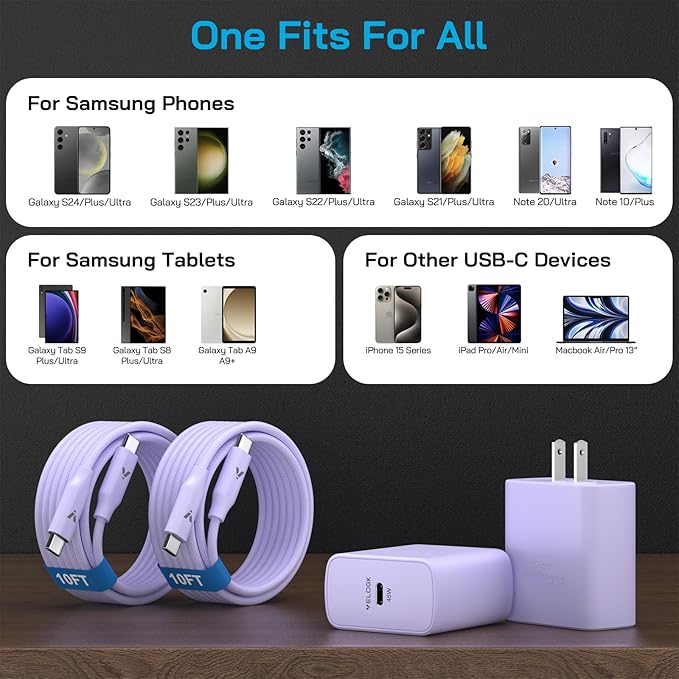 45W Super Fast Charger USB C, 45 Watt Type-C Android Phone Charger Fast Charging Block with 10FT Type C Cords for Samsung Galaxy S25 Ultra/S24 Ultra/S24+/S23 Ultra/S22 Plus/S20,Tab S9/S8 Ultra(Purple)